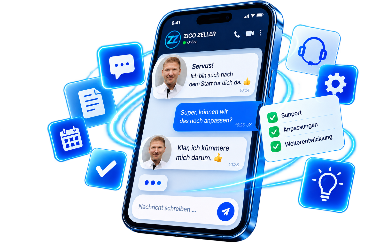 Illustration: Smartphone mit Support-Nachrichten